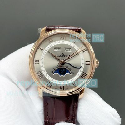 GR Factory Swiss Copy Blancpain Villeret Complete Calendar Grey Dial Rose Gold Watch 